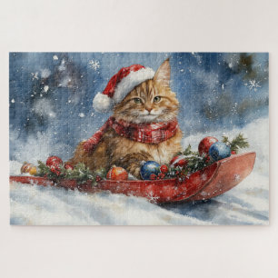 Maine Coon Cat in Sledge Let it Schnee Weihnachten Puzzle