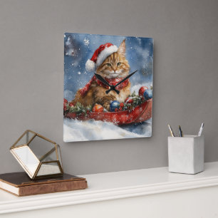 Maine Coon Cat in Sledge Let it Schnee Weihnachten Quadratische Wanduhr