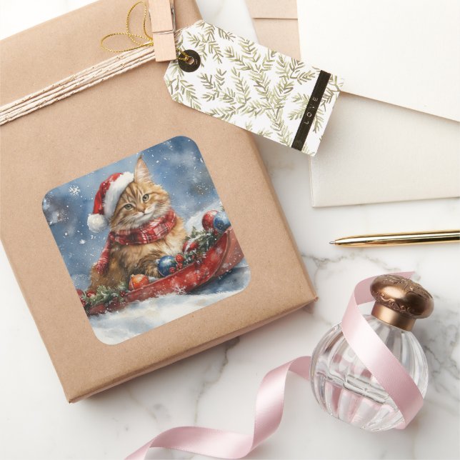 Maine Coon Cat in Sledge Let it Schnee Weihnachten Quadratischer Aufkleber (Schenken)