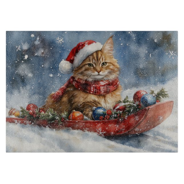 Maine Coon Cat in Sledge Let it Schnee Weihnachten Schneidebrett (Vorderseite)