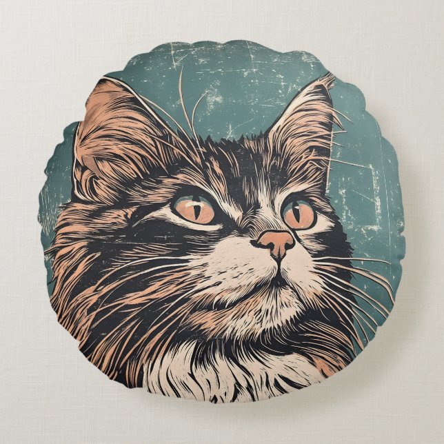 Maine Coon Cat Lino Print Rundes Kissen (Vorderseite)