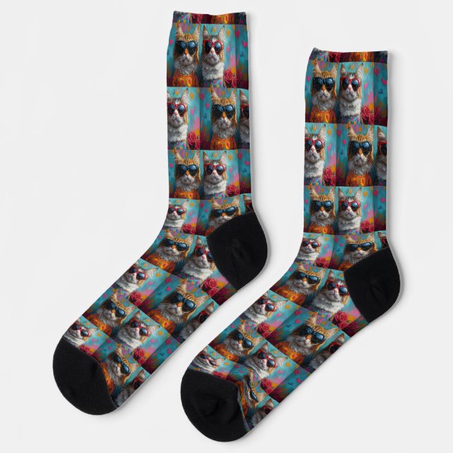 Maine Coon Cat mit Herz-Rose Valentinstag Socken (Linkes Detail)