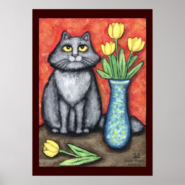 Maine Coon Cat mit Tulips Art Print Poster (Vorne)
