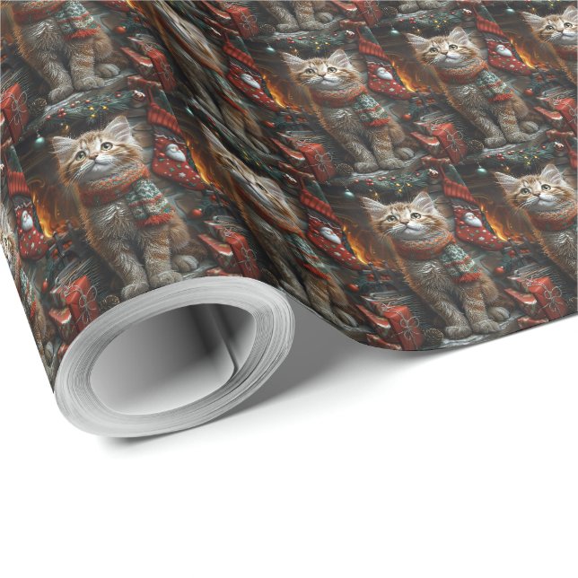 Maine Coon Cat mit Weihnachtsgeschenken Kamin Geschenkpapier (Rolleneckpunkt)