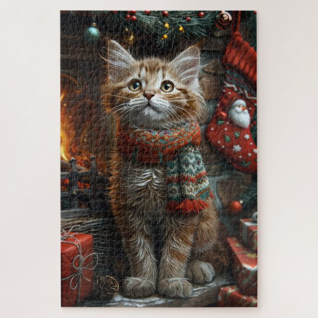 Maine Coon Cat mit Weihnachtsgeschenken Kamin Puzzle (Vertikal)