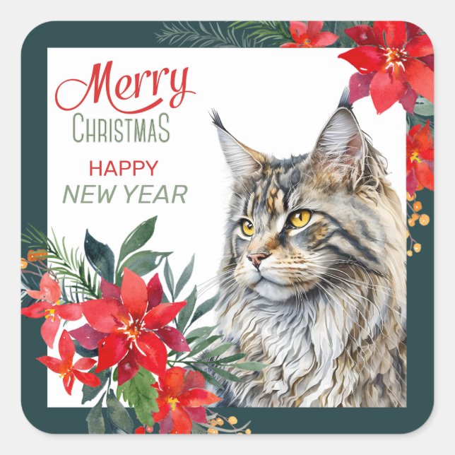 Maine Coon Cat Poinsettia Grenze Weihnachten Quadratischer Aufkleber (Vorderseite)