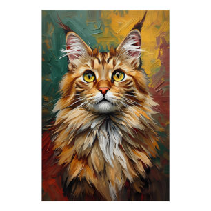 Maine Coon Cat Portrait Vibrant Oil Painting Poster