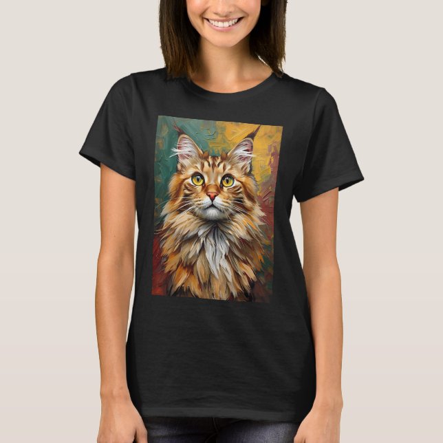 Maine Coon Cat Portrait Vibrant Oil Painting T-Shirt (Vorderseite)