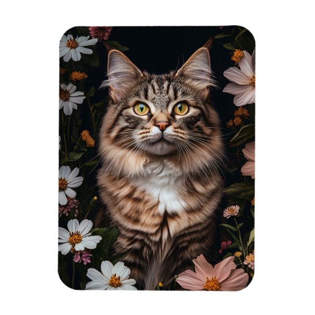 Maine Coon Cat umgeben von Blume Flexibel Magnet (Vertikal)