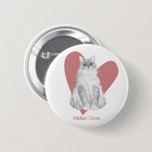 Maine Coon Cat Watercolor Kitty Pink Herztasten Button