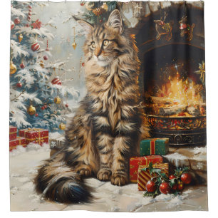 Maine Coon Cat Weihnachten Vintag Duschvorhang