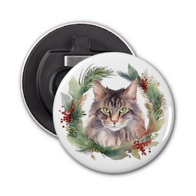 Maine Coon Cat Weihnachtsschreath Festive Kitten Flaschenöffner (Vorderseite)