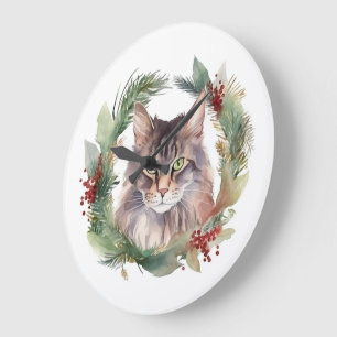 Maine Coon Cat Weihnachtsschreath Festive Kitten Große Wanduhr