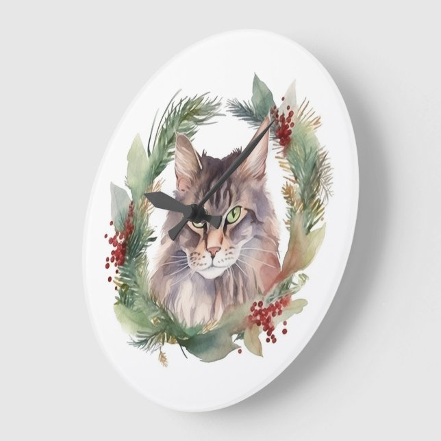 Maine Coon Cat Weihnachtsschreath Festive Kitten Große Wanduhr (Winkel)