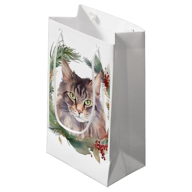 Maine Coon Cat Weihnachtsschreath Festive Kitten Kleine Geschenktüte (Vorderseite Schrägansicht)