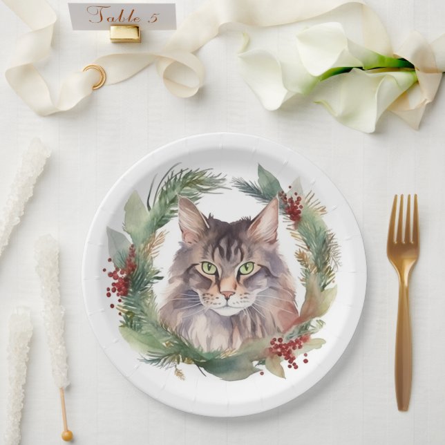 Maine Coon Cat Weihnachtsschreath Festive Kitten Pappteller (Hochzeit)