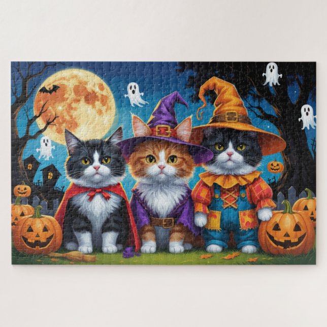 Maine Coon Cats Pumpkin Halloween Funny Puzzle (Horizontal)