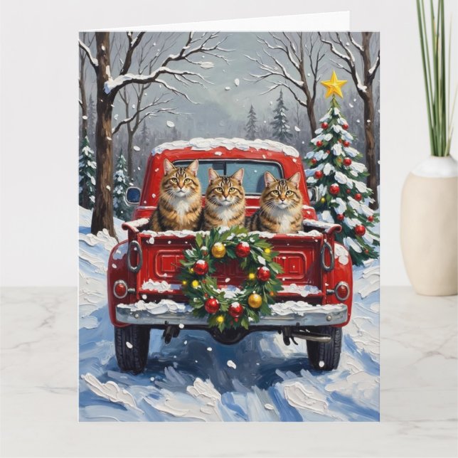 Maine Coon Christmas Red Truck Holiday Karte (Vorderseite)