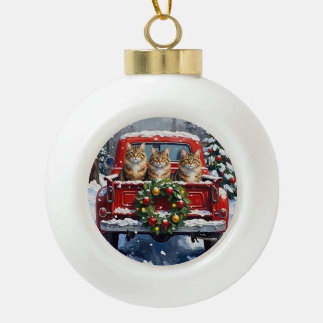 Maine Coon Christmas Red Truck Holiday Keramik Kugel-Ornament (Vorderseite)