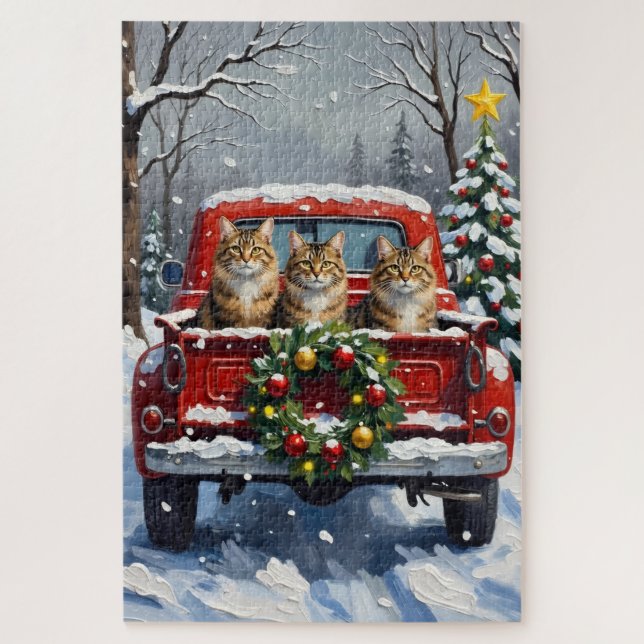 Maine Coon Christmas Red Truck Holiday Puzzle (Vertikal)