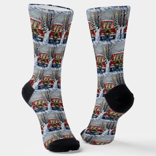 Maine Coon Christmas Red Truck Holiday Socken (Gewinkelt)