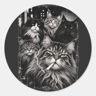 Maine Coon Crew Schwarz-Weiß-Grunge-Katzengrafik Runder Aufkleber