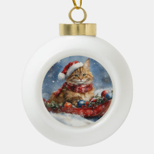 Maine Coon Katze im Schlitten Lass es schneien Wei Keramik Kugel-Ornament