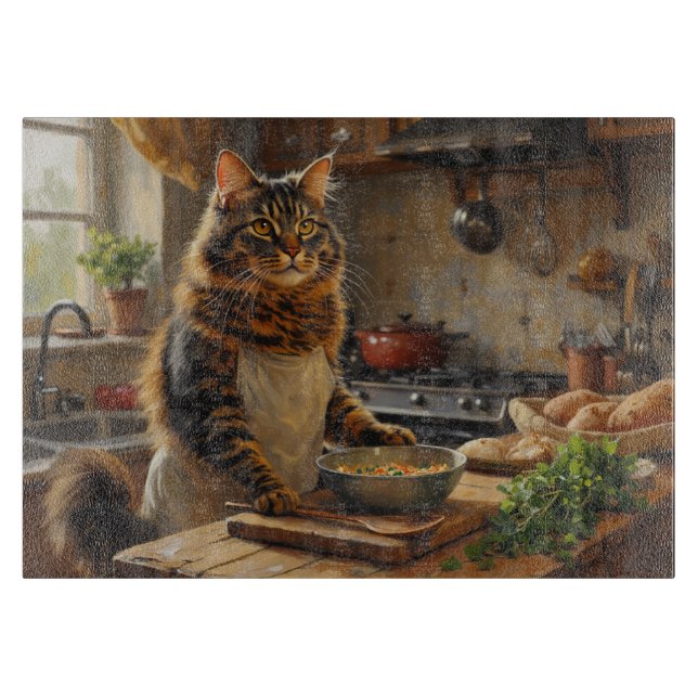 Maine Coon Katze kocht in der Küche Schneidebrett (Vorderseite)