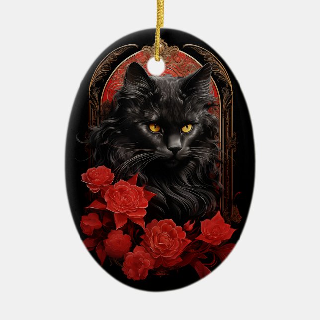 Maine Coon-Katze mit Blume Keramik Ornament (Vorne)