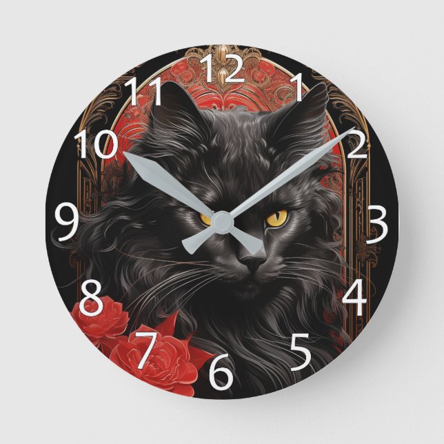 Maine Coon-Katze mit Blume Runde Wanduhr (Vorderseite)