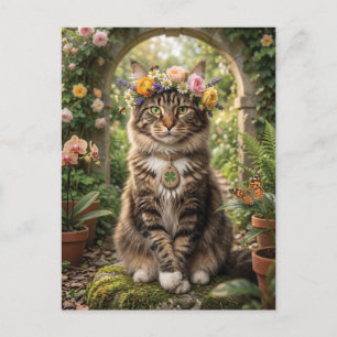 Maine Coon Katze mit Blumenkrone in einem Garten Feiertagspostkarte
