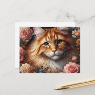Maine Coon Katze mit rosa Blumen Postkarte