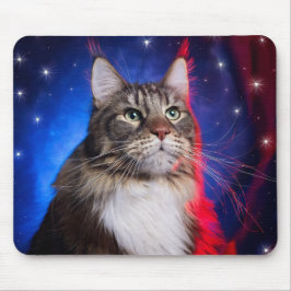Maine-Coon-Katze mit rot-weißer Aura und Sternen Mousepad