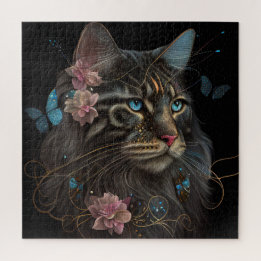 Maine Coon-Katze mit Schmetterling und Blume KI Ar Puzzle