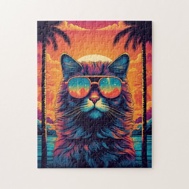 Maine Coon Katze mit Sonnenbrille am Strand Puzzle (Vertikal)