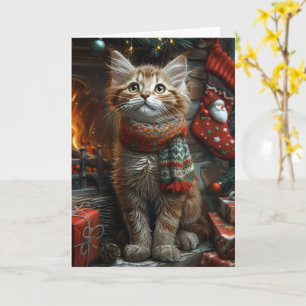 Maine Coon Katze mit Weihnachtsgeschenken Kamin Karte