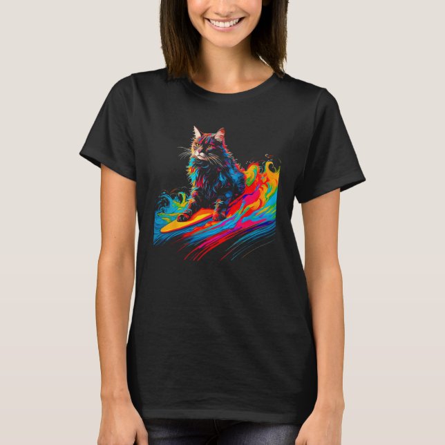 Maine Coon Katze surft 1 T-Shirt (Vorderseite)