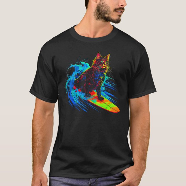 Maine Coon Katze Surft T-Shirt (Vorderseite)