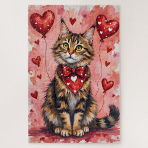 Maine Coon Katze Valentinstag Sitzend mit Herzen R Puzzle