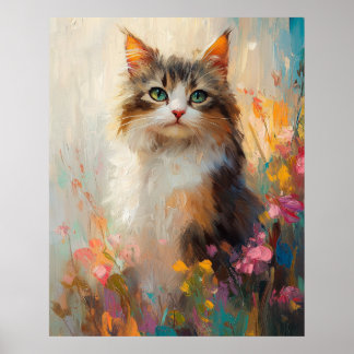 Maine Coon mit smaragdgrünen Augen in Frühlingsblu Poster