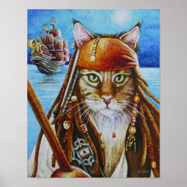 Maine Coon Pirate Cat Jack & Ship Watercolor 11x14 Poster (Vorne)