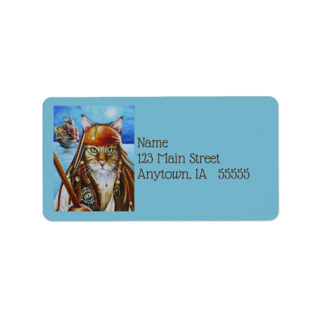 Maine Coon Pirate Cat Jack und Schiffswatercolor A Adressaufkleber (Vorne)