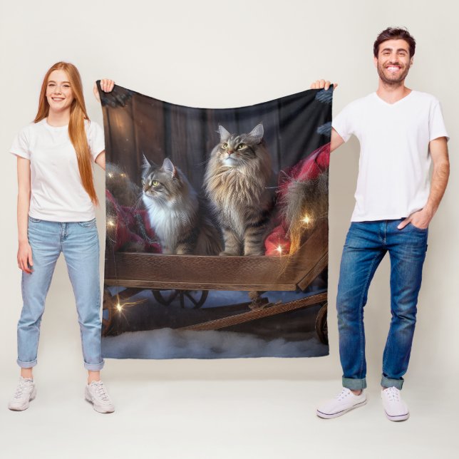 Maine Coon Snowy Sleigh Weihnachtsdekor Fleecedecke (Beispiel)