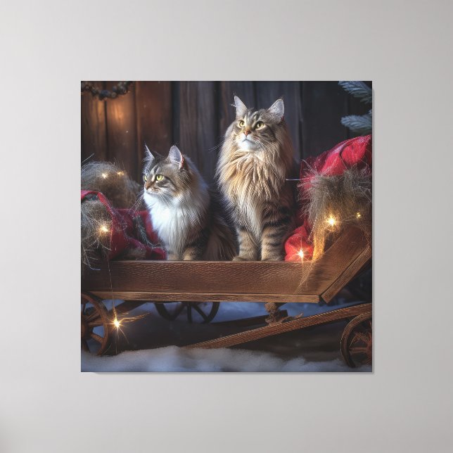 Maine Coon Snowy Sleigh Weihnachtsdekor Leinwanddruck (Vorderseite)