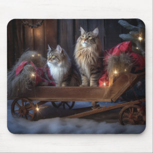 Maine Coon Snowy Sleigh Weihnachtsdekor Mousepad