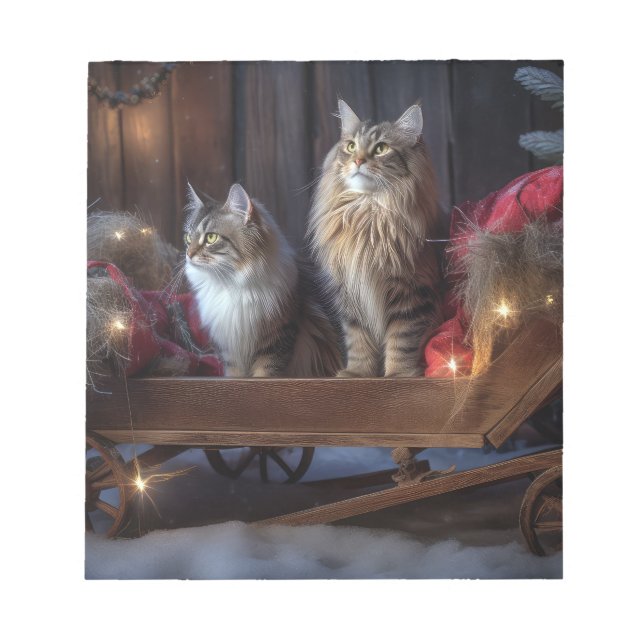 Maine Coon Snowy Sleigh Weihnachtsdekor Notizblock (Vorderseite)