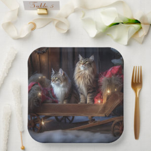Maine Coon Snowy Sleigh Weihnachtsdekor Pappteller
