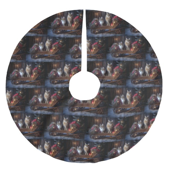 Maine Coon Snowy Sleigh Weihnachtsdekor Polyester Weihnachtsbaumdecke (Vorderseite)