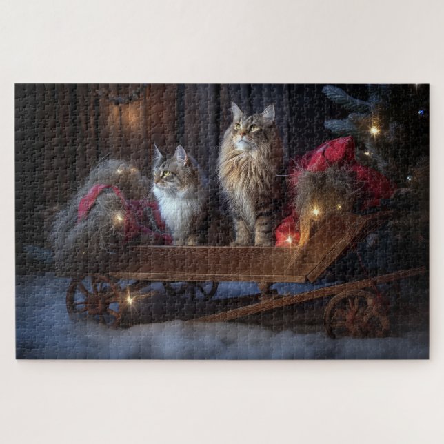 Maine Coon Snowy Sleigh Weihnachtsdekor Puzzle (Horizontal)