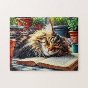 Maine Coon Tabby Katze Schlafen im Garten Puzzle